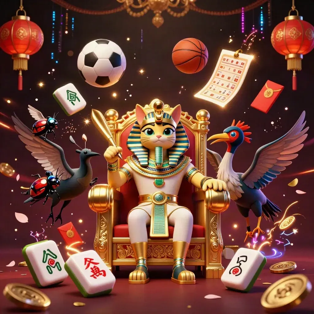 Pharaoh cat on throne with ibis scribe and scarabs amid casino-sport energy