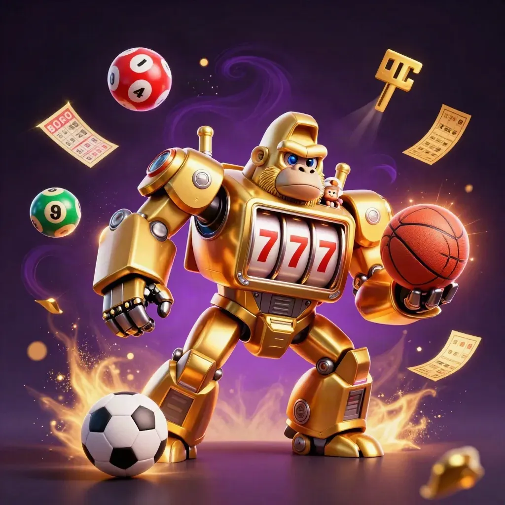 Golden gorilla mech with monkey pilot amid lottery balls, prize wheel, and a soaring basketball.