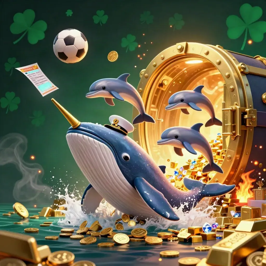 Whale, narwhal, dolphins, coins, vault light, and sports balls exploding in a luxe casino scene
