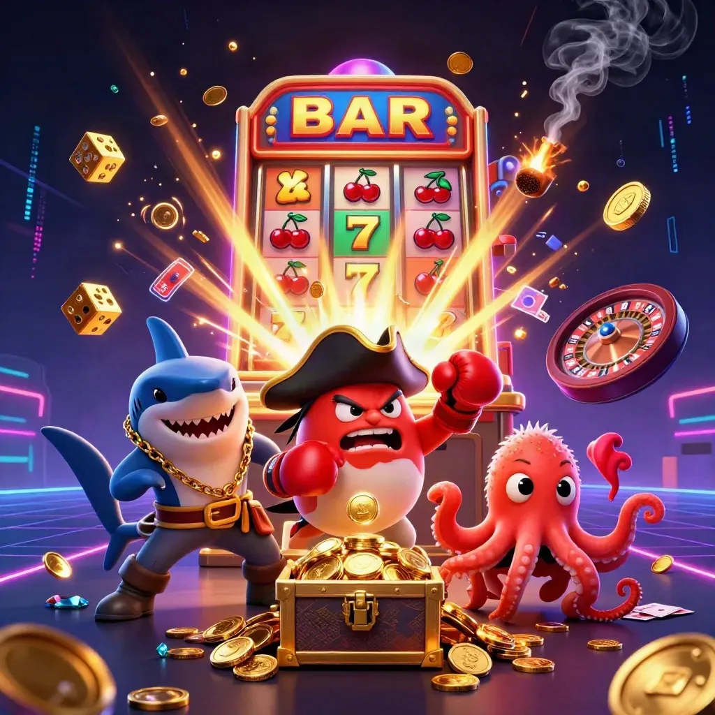 Shark pirate, boxing pufferfish, and coin-juggling octopus in a neon casino explosion.