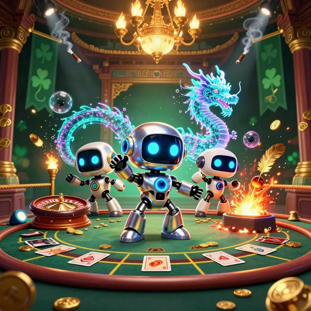 Cyberpunk robot, holographic dragon and coin drone in a neon casino chamber with roulette, cards and gold
