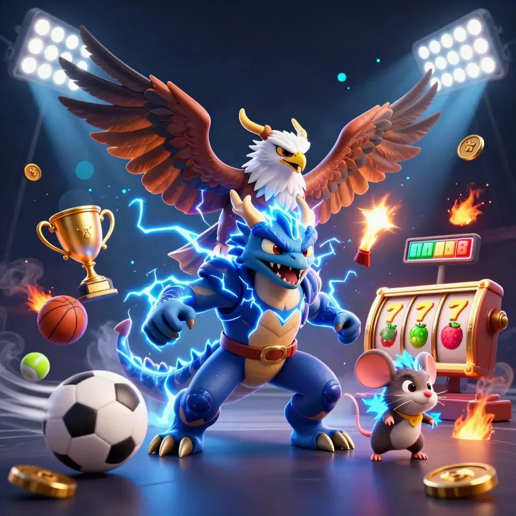 Thunder dragon, wind hawk, and lightning mouse amid casino trophies, balls, coins, and neon sparks.