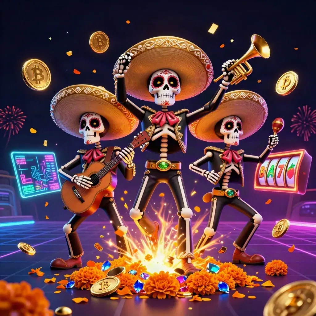 Day-of-the-Dead skeleton mariachi trio blasting treasure, neon crypto coins, and casino energy