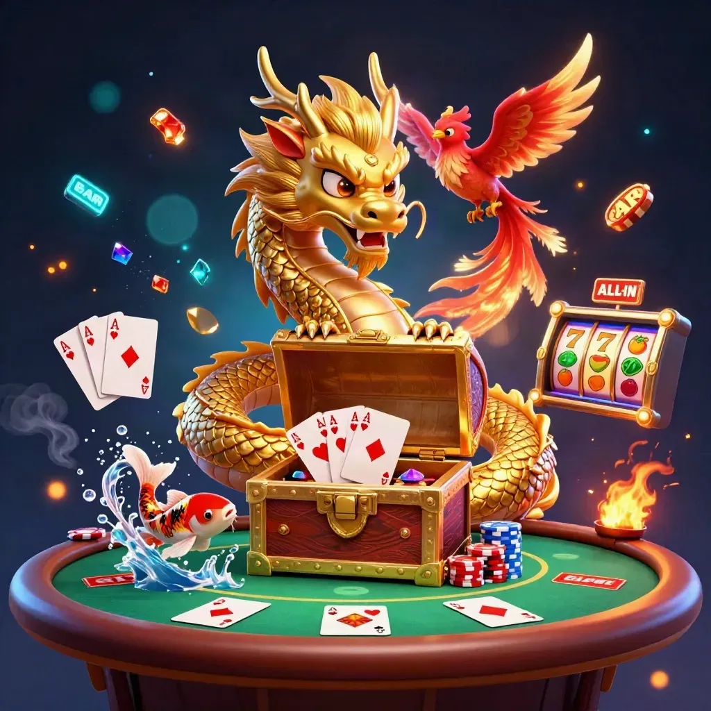 Golden dragon with phoenix and koi amid casino chips, cards, reels, treasure, and glowing sparks.