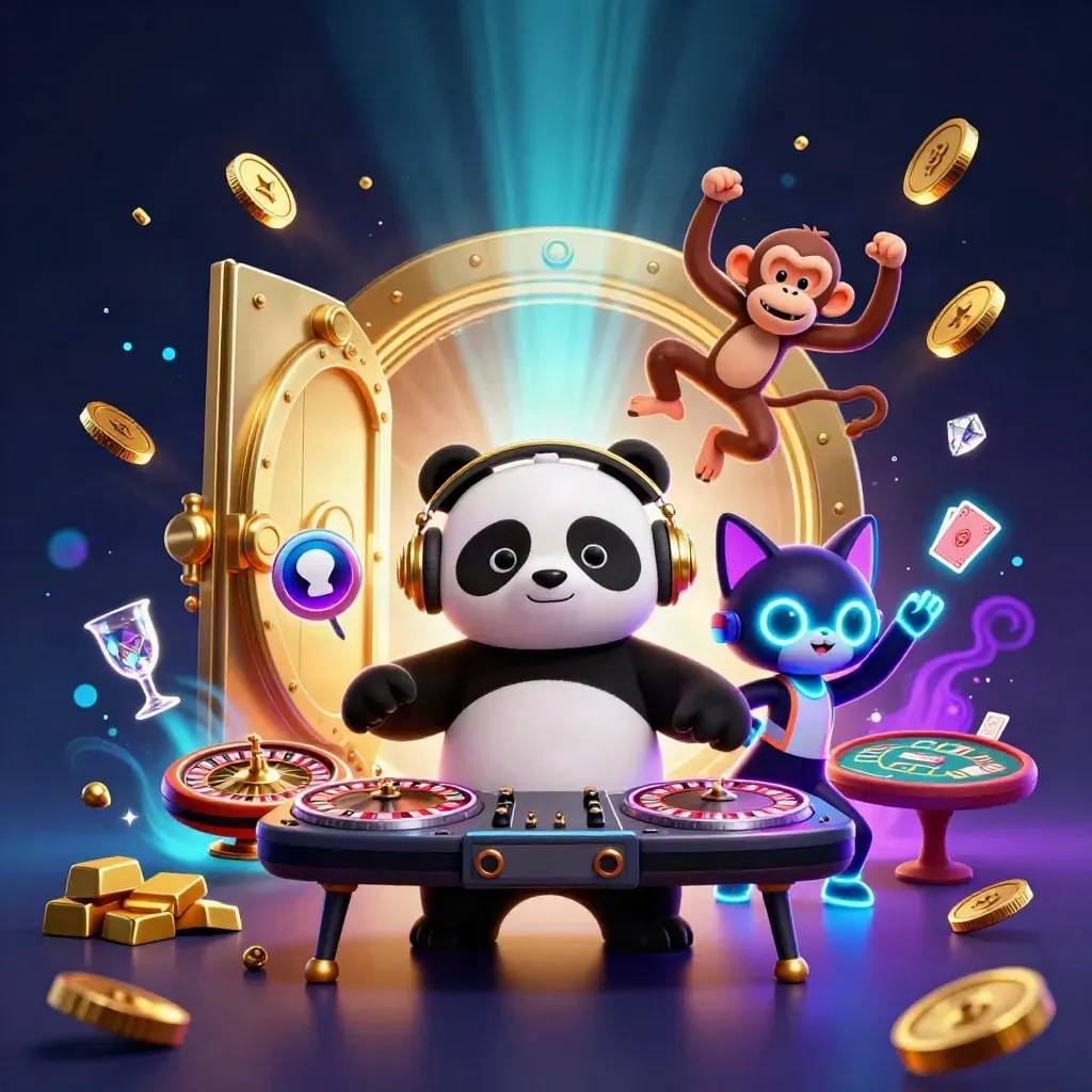 DJ panda, dancing monkey, and rave kitten amid a bursting vault of gold and casino lights