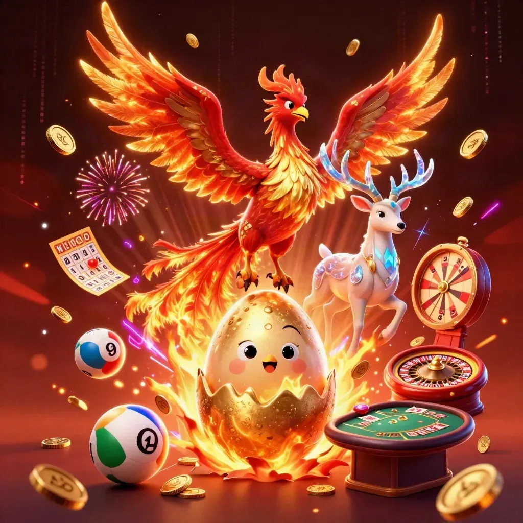 Fire phoenix, stag, and hatchling with coins, fireworks, and casino game symbols in a luxe promo scene.