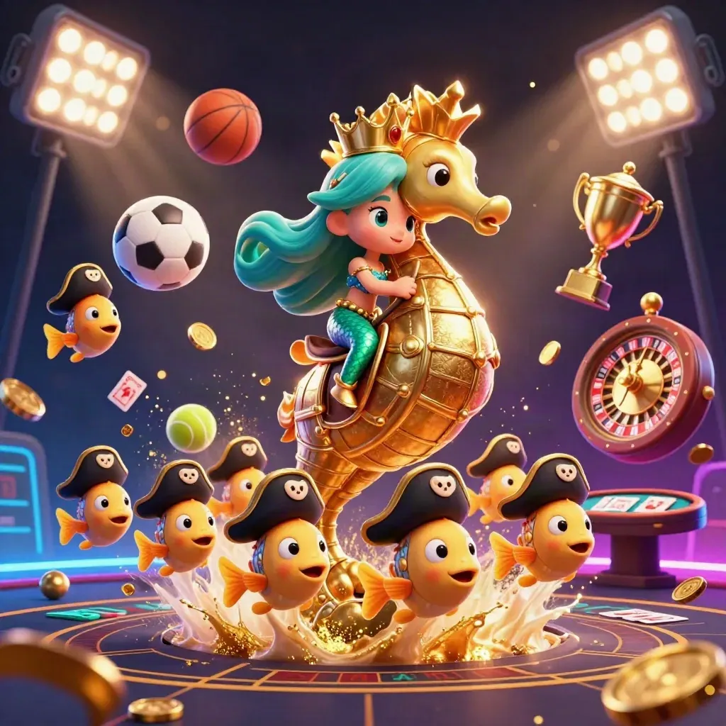 Mermaid princess on gold seahorse amid coins, sports balls, roulette wheel and casino glow.