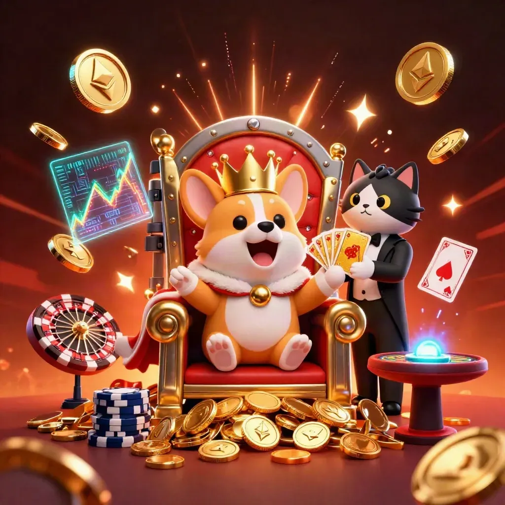 Royal corgi and cat butler on chip throne amid coins, fireworks, crypto coins, and casino lights
