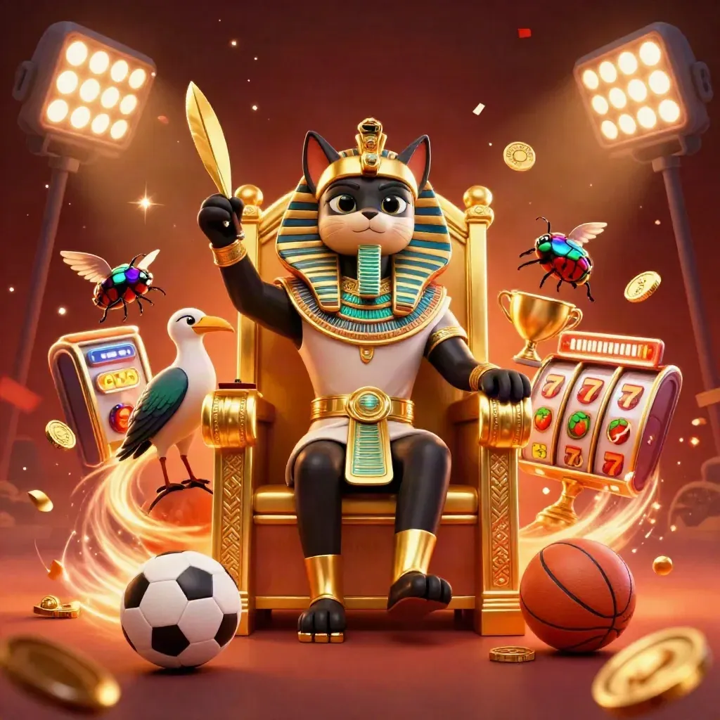 Pharaoh cat, ibis scribe, and gem-wing scarabs amid casino lights, coins, balls, and jackpot energy.