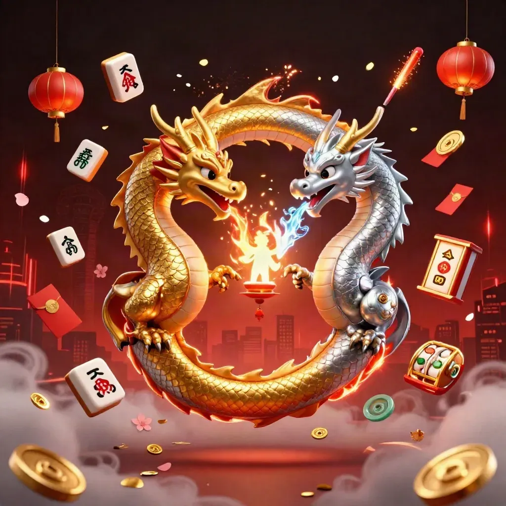 Gold and silver dragons in a yin-yang pose amid casino charms and neon streaks.